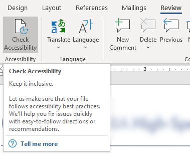 Check Accessibility button at the top of the Word tool bar after the Review tab is selected.