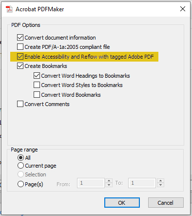 Screen shot of Enable Accessibility and reflow with tagged Adobe PDF option