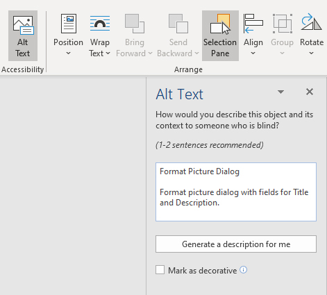 Dialog box showing the Alt Text area and the Selection Pane window. 