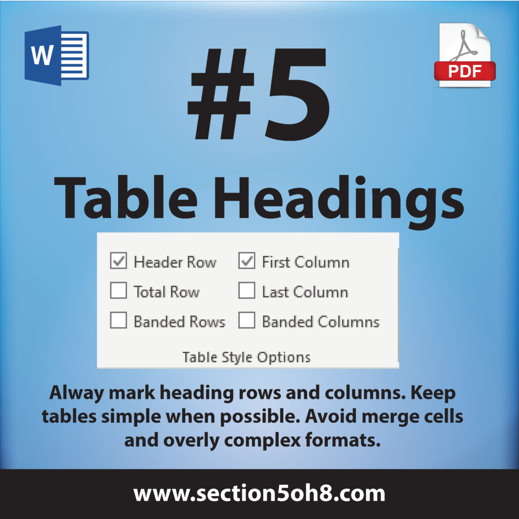 Number 5. Table Headings. Always mark heading rows and columns. Keep tables simple when possible. Avoid merge cells and overly complex formats.