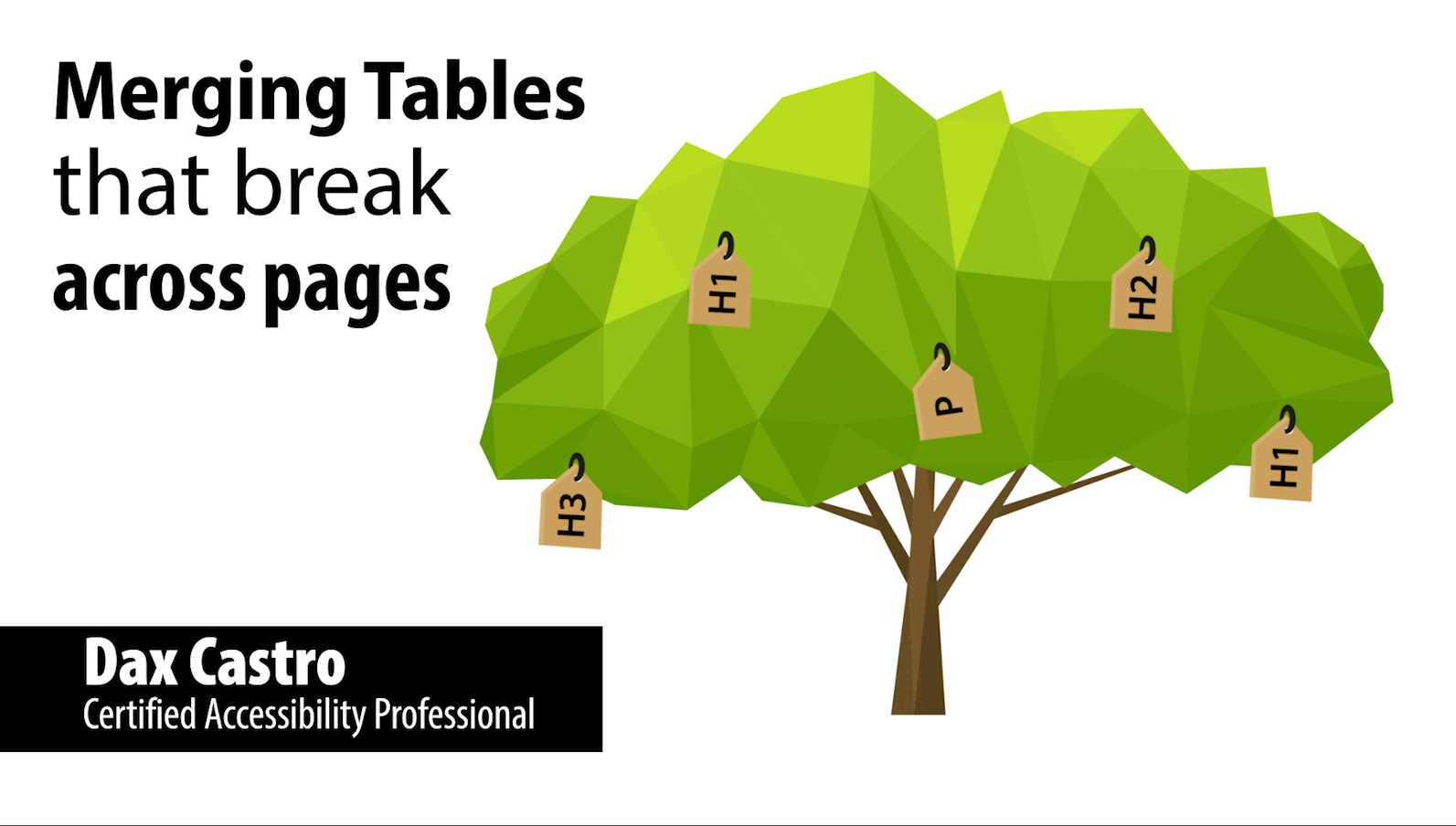 Merging tables that break across pages title slide showing author Dax Castro. Certified Accessibility Professional